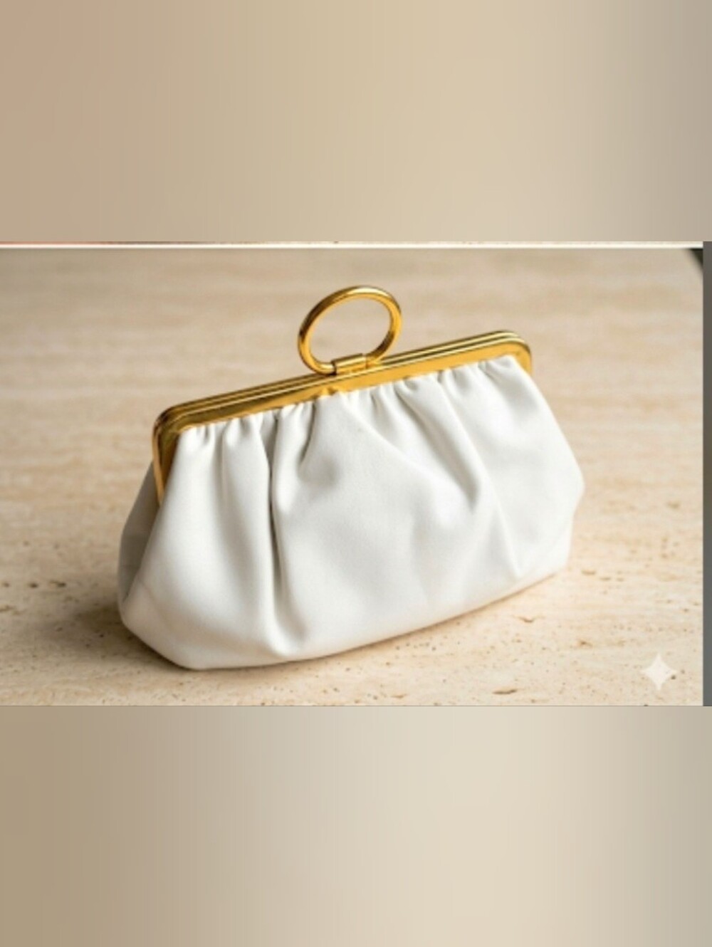 Vintage Ivory Pleated Clutch with Gold O-Ring Top Handle & Soft Blue Lining